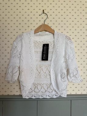 NWT Girls Lace Pink Clove White Crochet Knit Short Cardigan